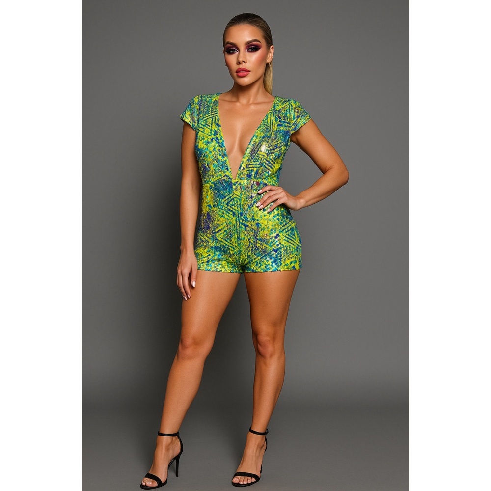 🤖 337. BANJUL Neon Yellow Sequin Romper Size L Plunge V-Neck Party Festival